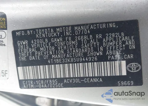 2005 Toyota Camry Le из США, поврежденный, VIN 4T1BE32K85U944926